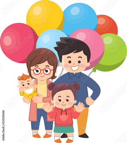 カラフルな風船と家族 赤ちゃん 女の子 両親