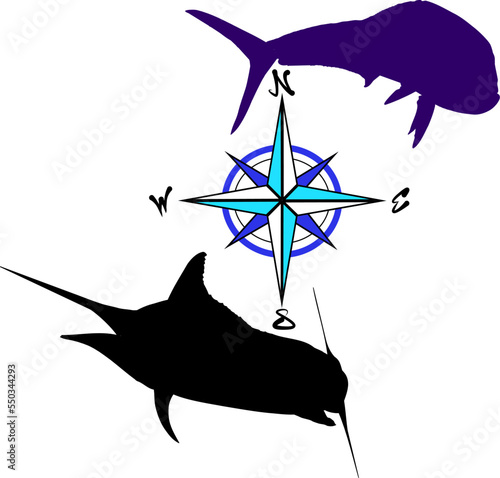 Mahi and marlin silhouette and compass