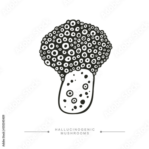 Black and white drawing of a magical surreal hallucinogenic mushroom. Toxic Fantasy Pslocybin Mushroom. Vector illustration