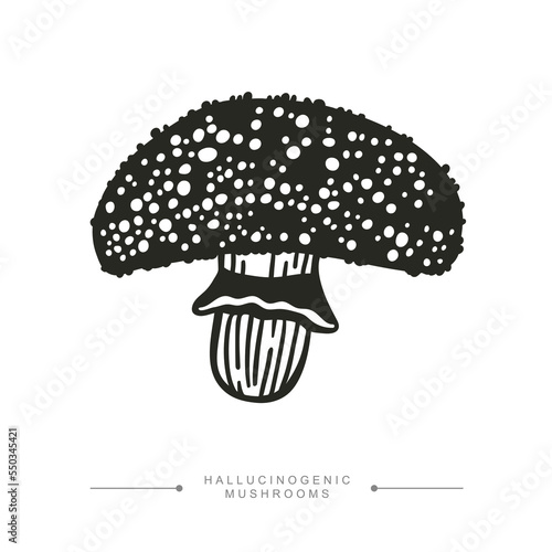 A stylized image of a psilocybin mushroom. Black and white drawing of a hallucinogenic mushroom. Vector illustration