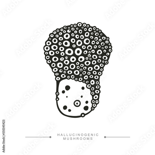 Black and white drawing of a hallucinogenic mushroom. A stylized image of a psilocybin mushroom. Vector illustration
