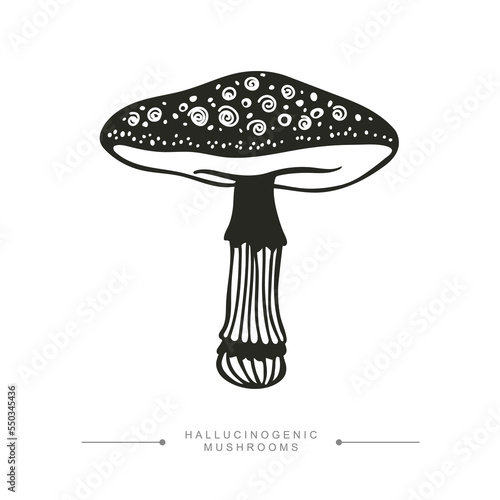 Toxic Fantasy Pslocybin Mushroom. Black and white drawing of a magical surreal hallucinogenic mushroom. Vector illustration