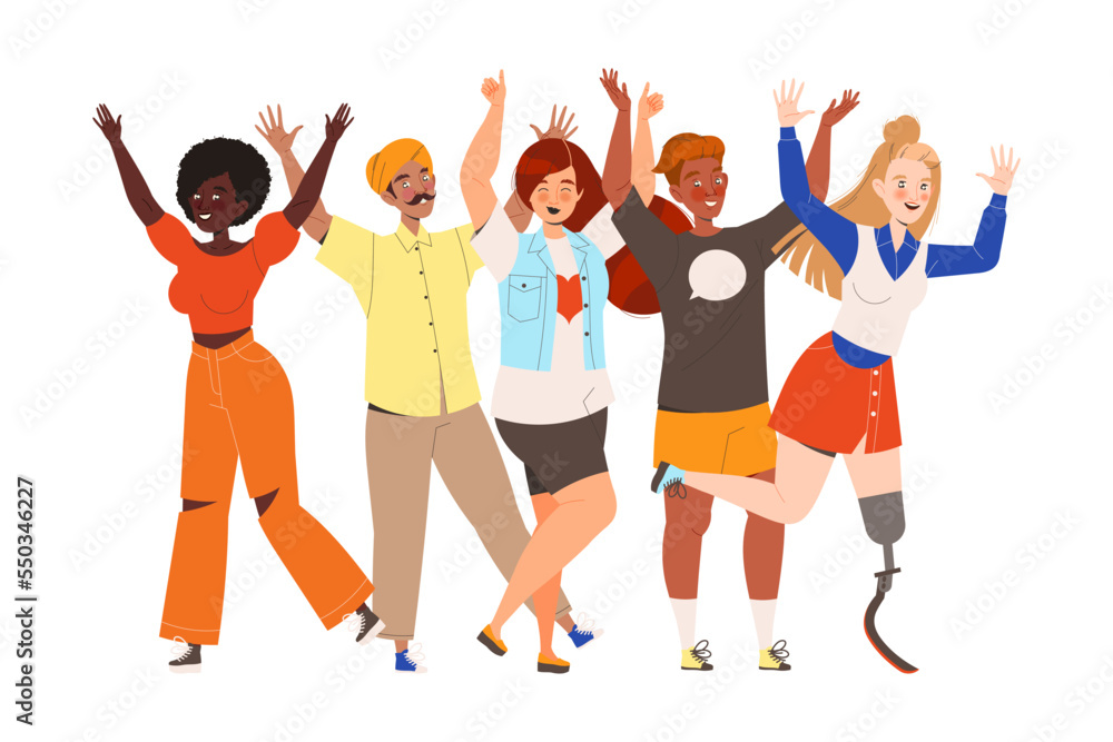 Obraz premium Happy and Rejoicing Group of People Characters Cheering Raising Hands Up Vector Illustration