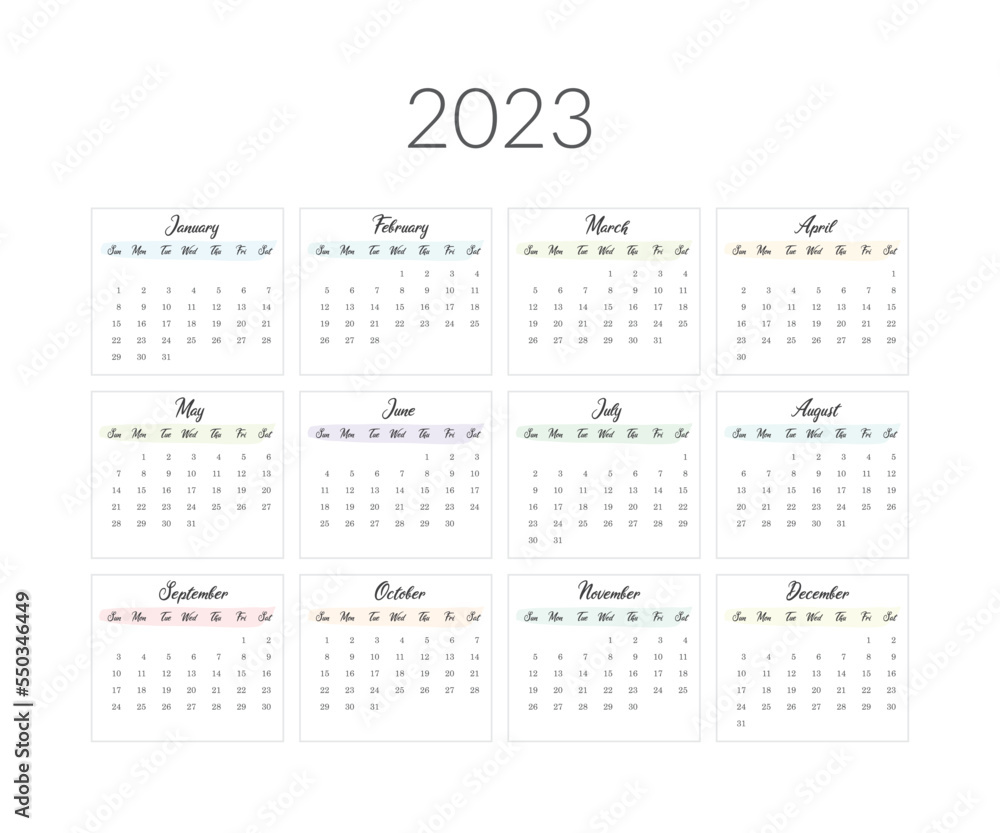 2023 year calendar template. Vector illustration 2023 year calendar template. Vector illustration