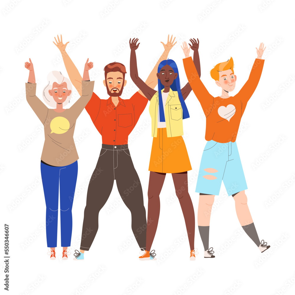 Fototapeta premium Happy and Rejoicing Group of People Characters Cheering Raising Hands Up Vector Illustration