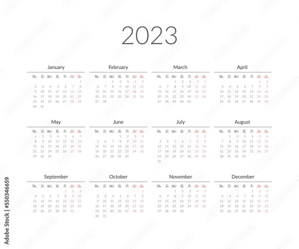 2023 year calendar template. Vector illustration 2023 year calendar template. Vector illustration