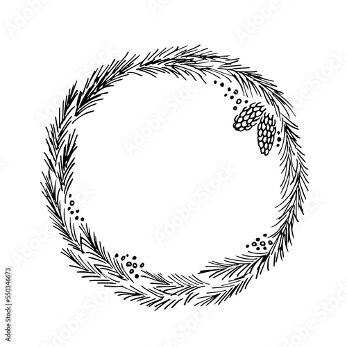 Simple black outline vector drawing. Christmas wreath, round frame of coniferous branches and cones. For New Year's design, labels, postcards. Ink sketch.