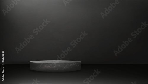 Concrete wall room,Display Dark Grey Cement texture with 3D podium mockup, Vector studio Backdrop of Gray Concrete rough surface with cracked texture pattern background.Banner for loft design concept