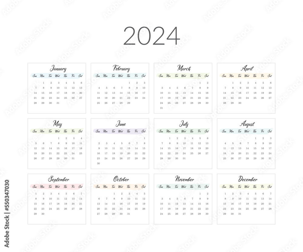 2024 year calendar template. Vector illustration 2024 year calendar template. Vector illustration