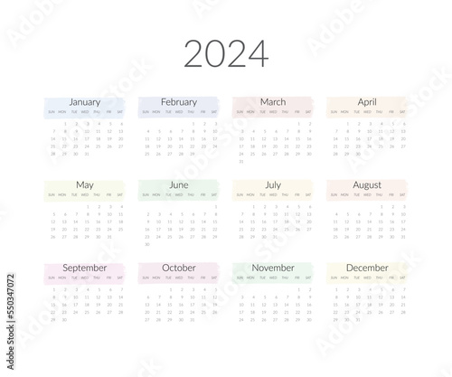 2024 year calendar template. Vector illustration