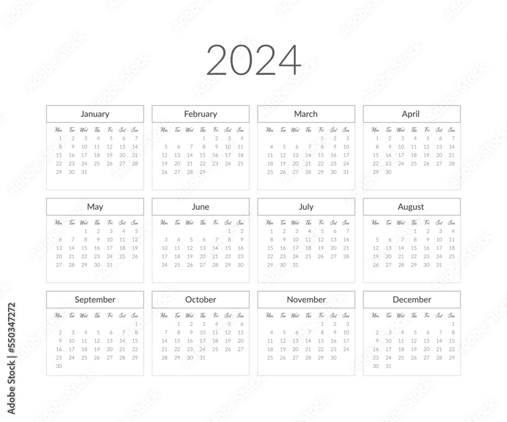 2024 year calendar template. Vector illustration 2024 year calendar template. Vector illustration
