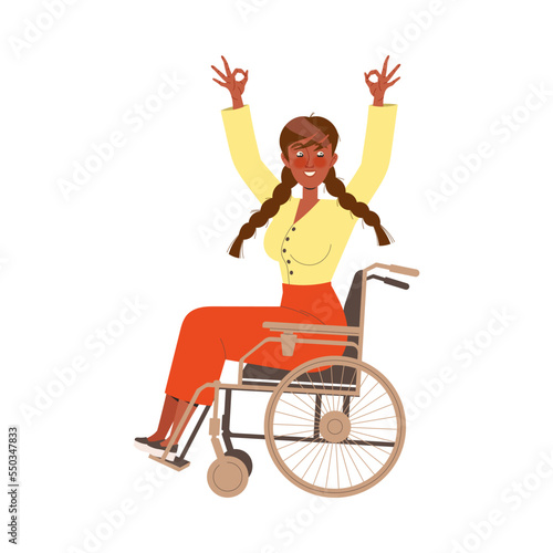 Happy and Rejoicing Woman Character on Wheelchair Cheering Raising Hands Up Vector Illustration