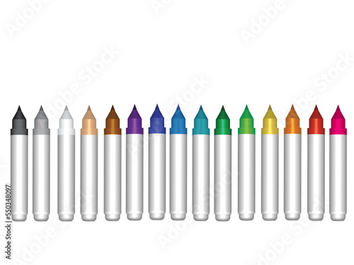 Set of realistic 3D marker pens for school or office.Mockup of a stationary.Highlighters or pencils isolated.Back to school concept.Colorful and multicolored pencils.Vector illustration.