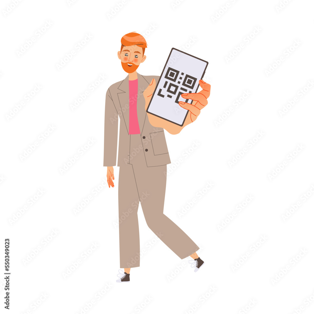 Bearded Redhead Man Showing QR Code on His Smartphone Vector Illustration