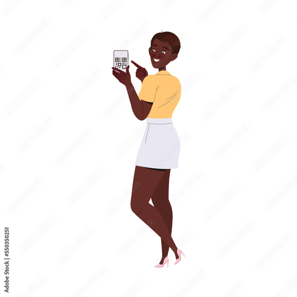Young African American Woman Showing QR Code on Her Smartphone Vector Illustration Young African American Woman Showing QR Code on Her Smartphone Vector Illustration
