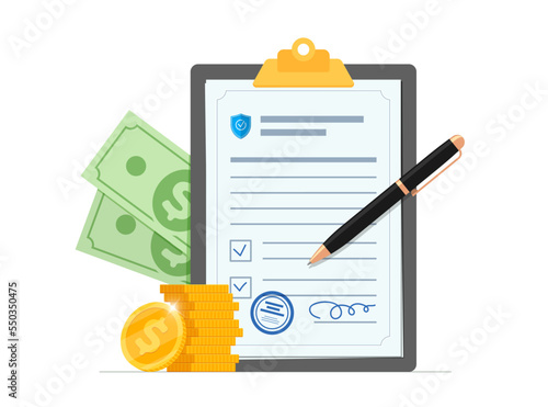 Money insurance protection guarantees document. Bank deposit wealth care. Cash investment secure. Currency safety warranty policy. Banking coverage savings trust concept. Financial contract. Eps