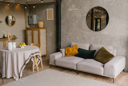 Photography Cozy Scandinavian style interior of the living room with a gray sofa with pillow