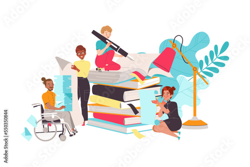 Man and Woman Character Near Huge Book Stack Working with Text Vector Illustration