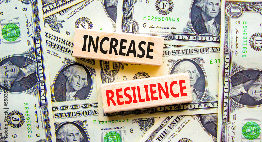 Increase resilience symbol. Concept word Increase resilience typed on wooden blocks. Beautiful background from dollar bills. Business and increase resilience concept. Copy space.