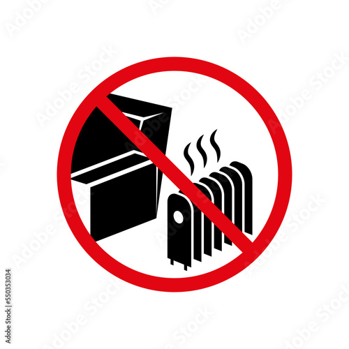 Do not use an electric heater near furniture. Danger icon for radiator and sofa proximity.