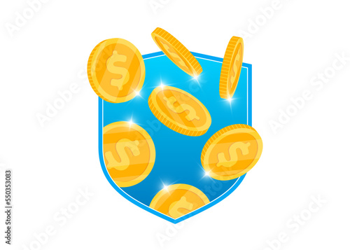 Money protection guarantees symbol. Financial wealth insurance. Cash investment secure. Currency safety care warranty. Money coins in shield sign. Bank deposit savings concept. Vector eps illustration