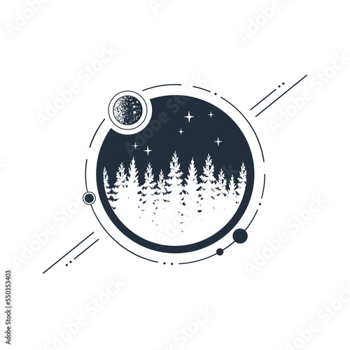 Hand drawn fir trees forest textured vector illustration. Double exposure with planets and comets around. Geometric style.