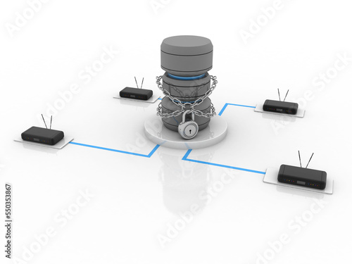 3d rendering Transmitter WiFi with database protection lock 