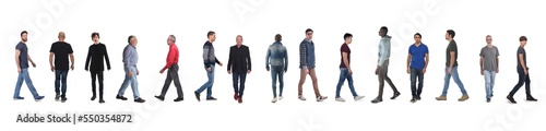 line of front,side and back view large group of man with jeans walking  on white background