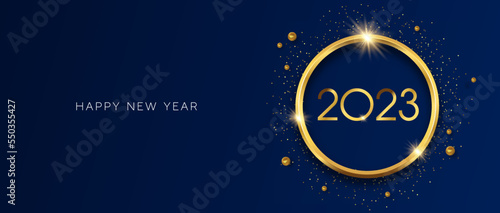 Happy New year 2023 gold 3d glitter ring blue banner illustration