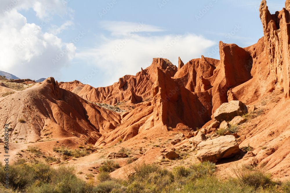 Fairytale canyon or Skazka Canyon, Natural park of colorful rocks near Issyk-Kul lake, Kyrgyzstan.