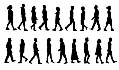 silhouette of group of a people walking on white background
