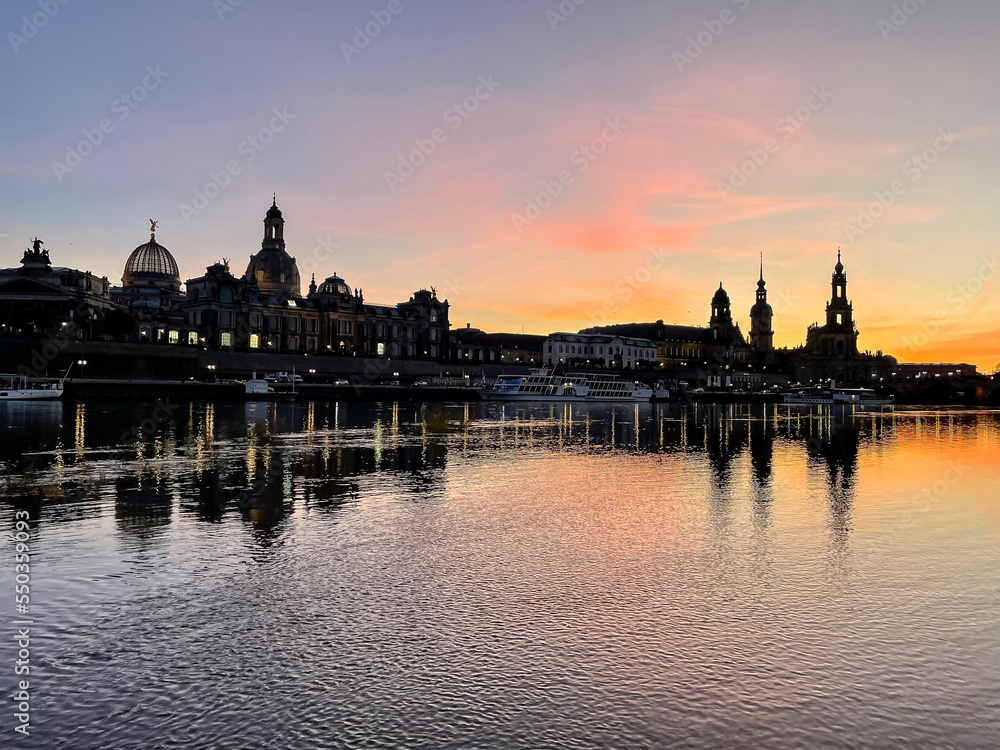 sunset at the river elbe in dresden in saxony, germany