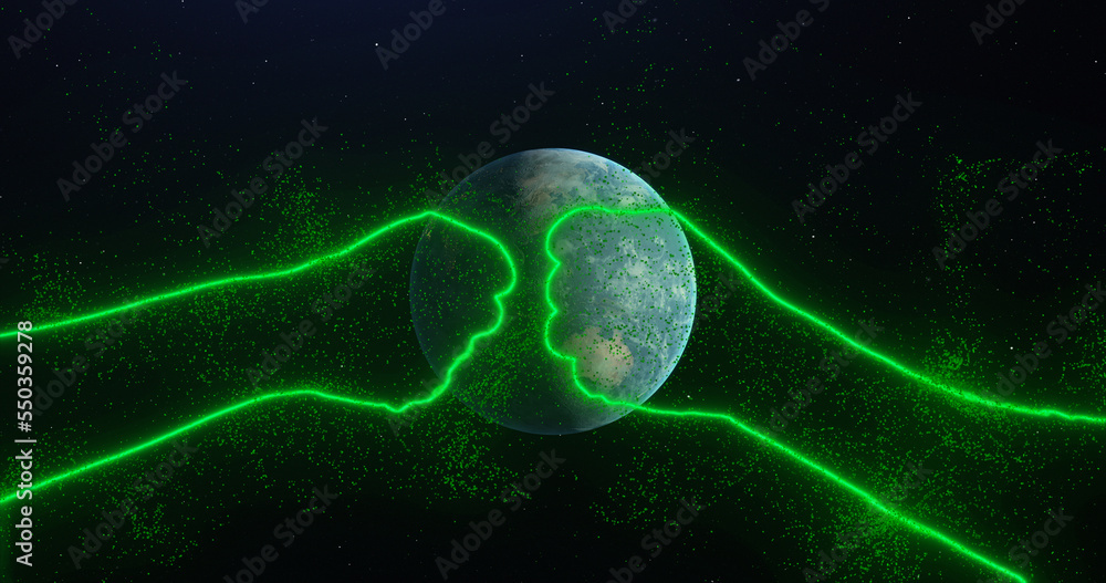 Two fists collide, bumping in space among planet earth rotating, stars. Abstraction, 3d render, neon glowing lines and particles. Concept of teamwork, friendship, greetings. Green outline of hands