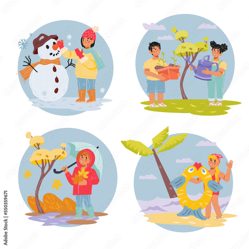 Kids seasonal activity and fun set, flat vector illustration isolated on white background. Four seasons of year weather. Children outdoors in spring and summer, autumn and winter month.