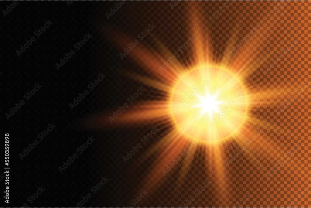 Sun blast effect with golden light lens flare black background