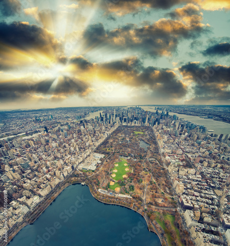 Panoramic aerial view of Central Park and Manhattan at sunset, New York City from a high vantage point