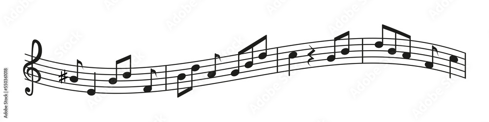 Music note icon. Song symbol with staff, key and clef. Sound sign for melody. Black silhouette isolated on white background. Graphic symbol for orchestra. Vector Music note icon. Song symbol with staff, key and clef. Sound sign for melody. Black silhouette isolated on white background. Graphic symbol for orchestra. Vector