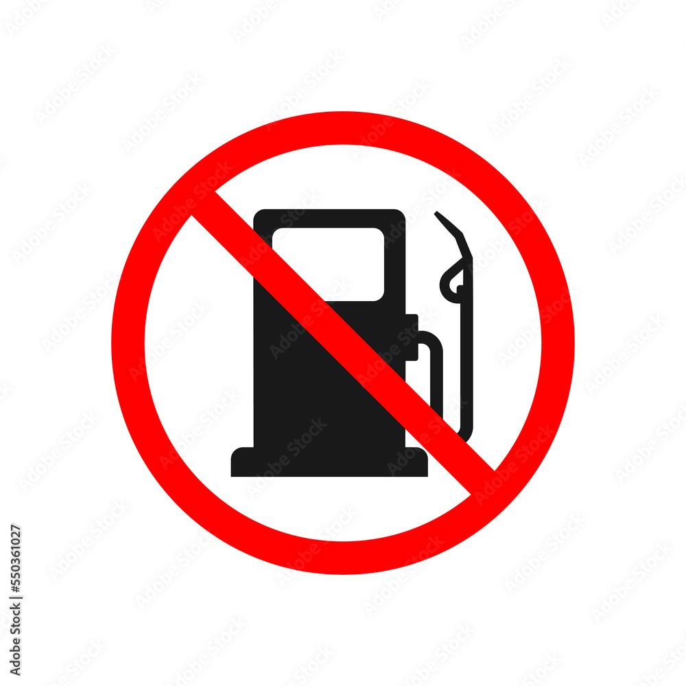 Petrol ban sign. Forbidden fuel station. Red icon of restriction for