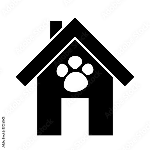 Dog house icon. Home of pet. Logo of kennel. Doghouse with paw. Cartoon design illustration for animal, puppy and pets. Symbol of canine shelter. Vector