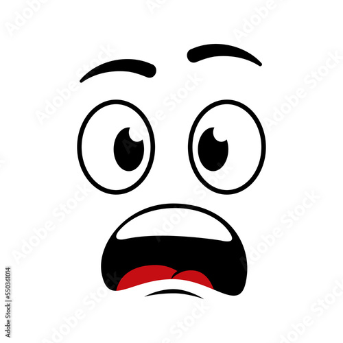 Cartoon frightened face. Emoji of surprise, shock and afraid. Emoticon with open mouth and eyes. Icon of comic character for avatar or person. Design symbol isolated on white background. Vector