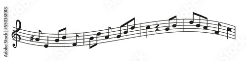 Music note icon. Song symbol with staff, key and clef. Sound sign for melody. Black silhouette isolated on white background. Graphic symbol for orchestra. Vector