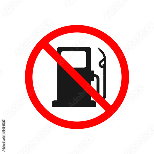 Petrol ban sign. Forbidden fuel station. Red icon of restriction for gas, diesel and gasoline. No fuel symbol for car on road. Graphic design logo for warning refueling. Vector