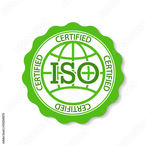 ISO stamp. Icon of certified, standard and accredited. 9001 badge certificate quality with shadow. Seal of international standardization organization. Vector