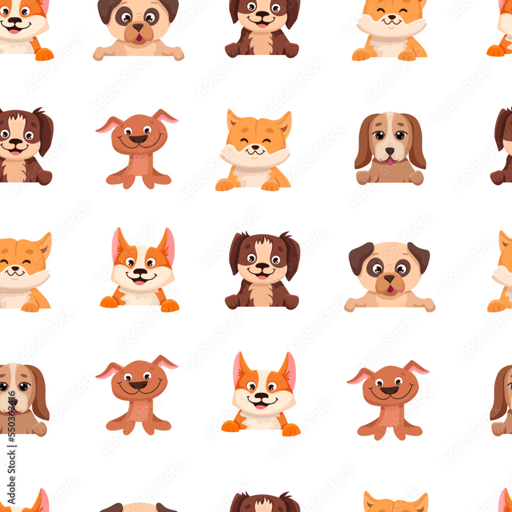 Seamless pattern with cute dogs of different breed. Colorful childish texture with pets for fabric, textile, wrapping paper. Vector cartoon Illustration Seamless pattern with cute dogs of different breed. Colorful childish texture with pets for fabric, textile, wrapping paper. Vector cartoon Illustration