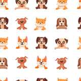 Seamless pattern with cute dogs of different breed. Colorful childish texture with pets for fabric, textile, wrapping paper. Vector cartoon Illustration