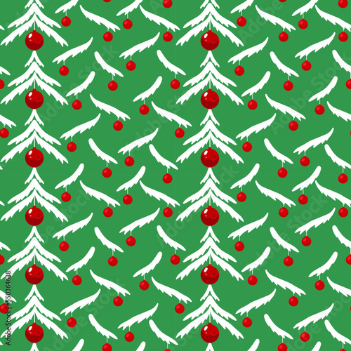 Set of Christmas and new year seamless pattern with fir branch, Christmas tree and snowflakes.