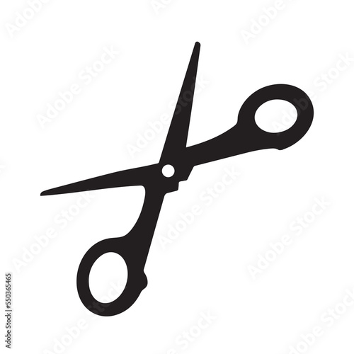 Black extended scissors icon silhouette. Open wide cutting tool equipment pictogram with simple flat drawing isolated on white background.