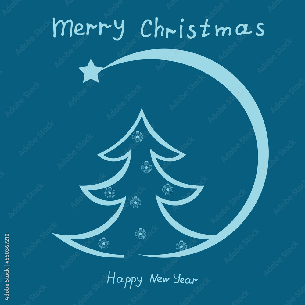 Outline Christmas tree with a crescent moon and a star at the end. Creative and stylish greeting card with inscription Merry Christmas and Happy New Year. Muslim New Year.