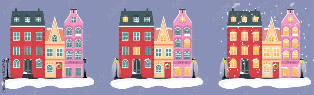 Set of Christmas cartoon houses vector illustration. Little house, colourful house, flat houses illustration. 