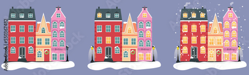 Set of Christmas cartoon houses vector illustration. Little house  colourful house  flat houses illustration. 